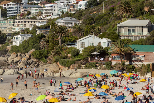 people sun bathing and standing on seashore during daytime