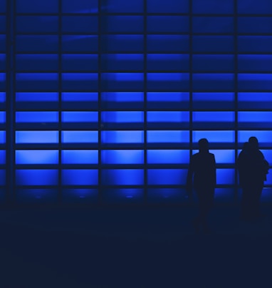 silhouette photo of two person standing near wall