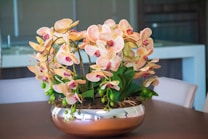 A decorative arrangement of pink and white orchids with green leaves is placed in a shiny metallic bowl on a brown table. The background features blurred elements of a modern interior with white and grey tones.