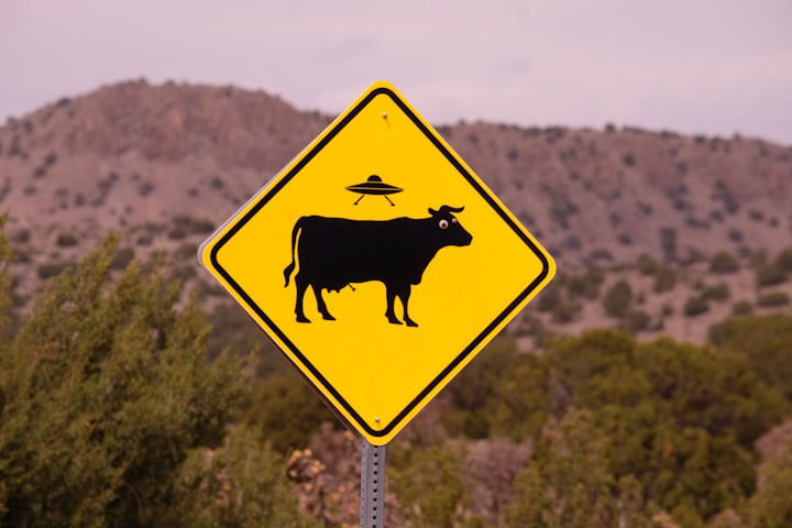 A road sign showing a saucer on top of a cow symbolizing the area is known for UFO sightings