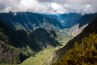 The Rivière des Remparts gorge below the volcano, from the air — Réunion