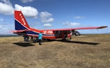 Group of kids gathered around a small aircraft on a sunny airfield.
