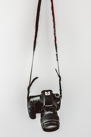 A modern DSLR camera displayed on a clean white background highlighting its features.