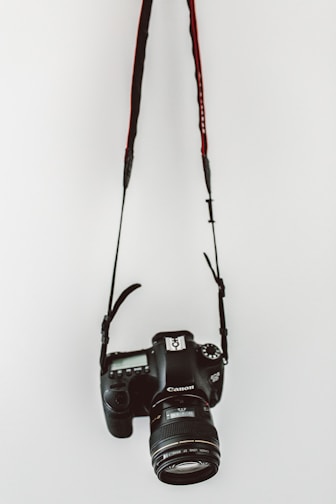 A modern DSLR camera displayed on a clean white background highlighting its features.