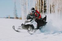 snowmobile speeding on snow near tree lines