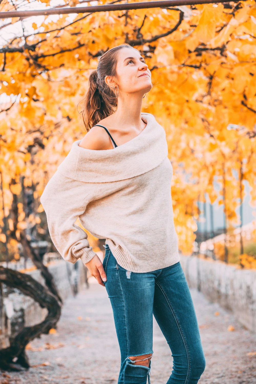 woman in brown off-shoulder long sleeved tops looking up