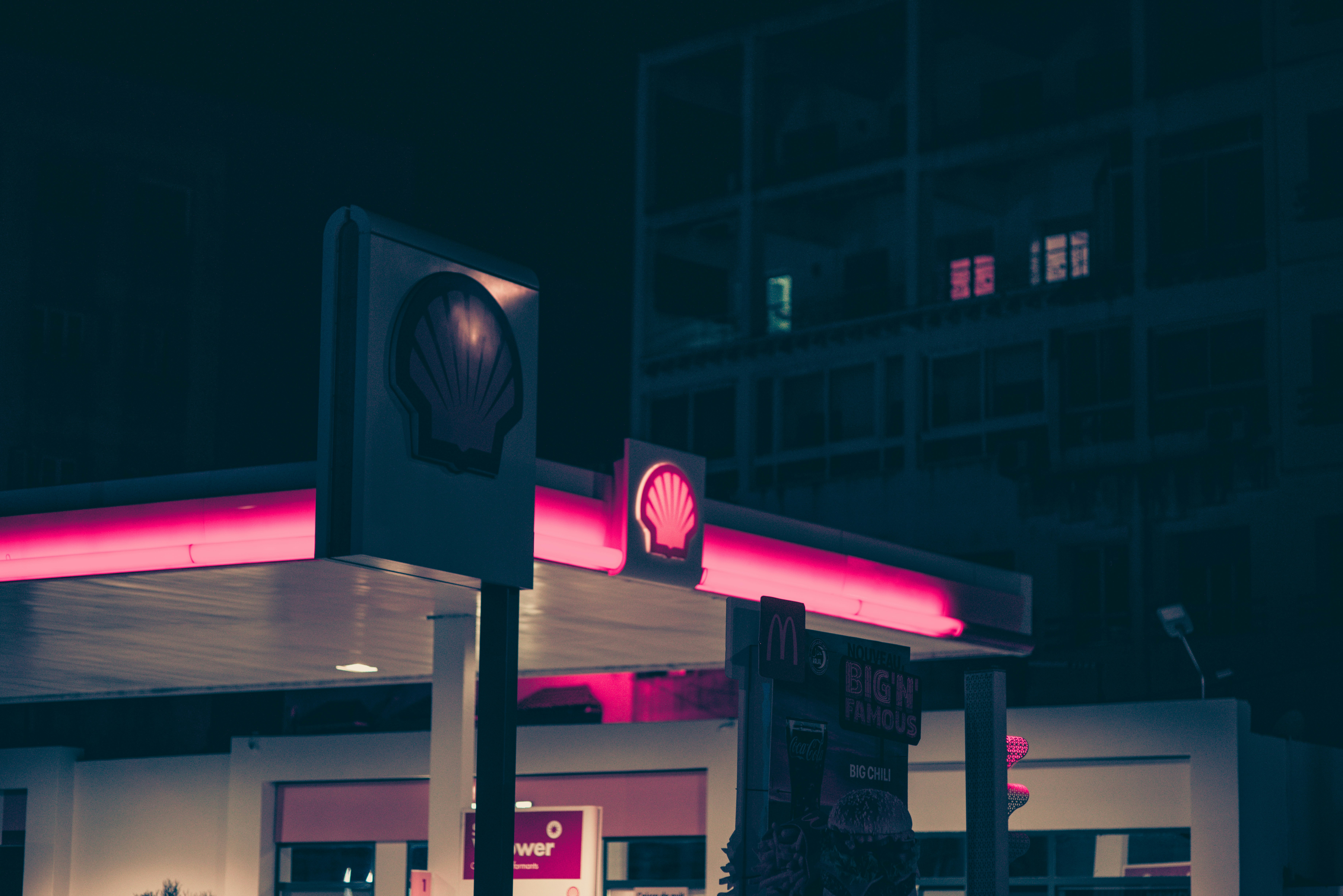 lighted Shell gas station