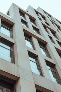 Wide shot of a commercial building facade clad with granite panels