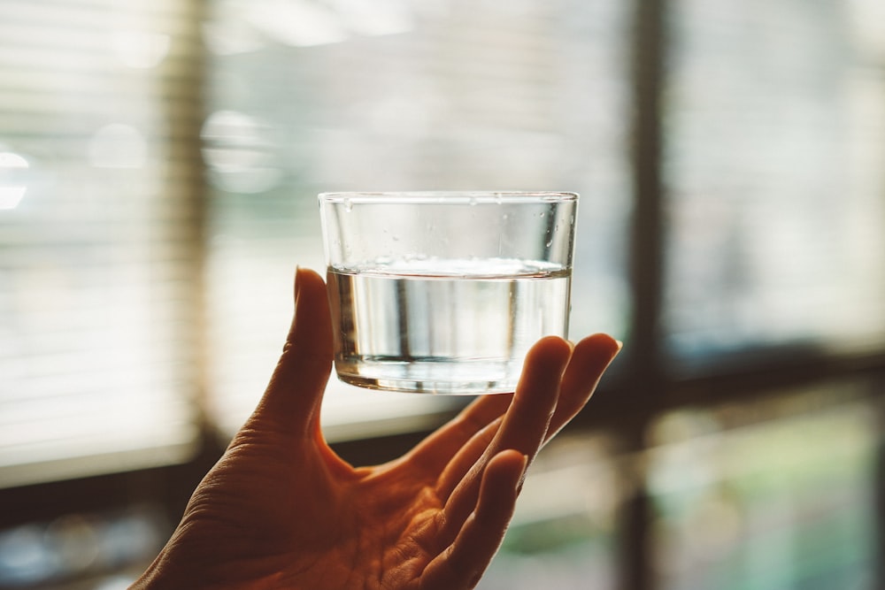 pessoa segurando copo de vidro transparente com água meio cheia