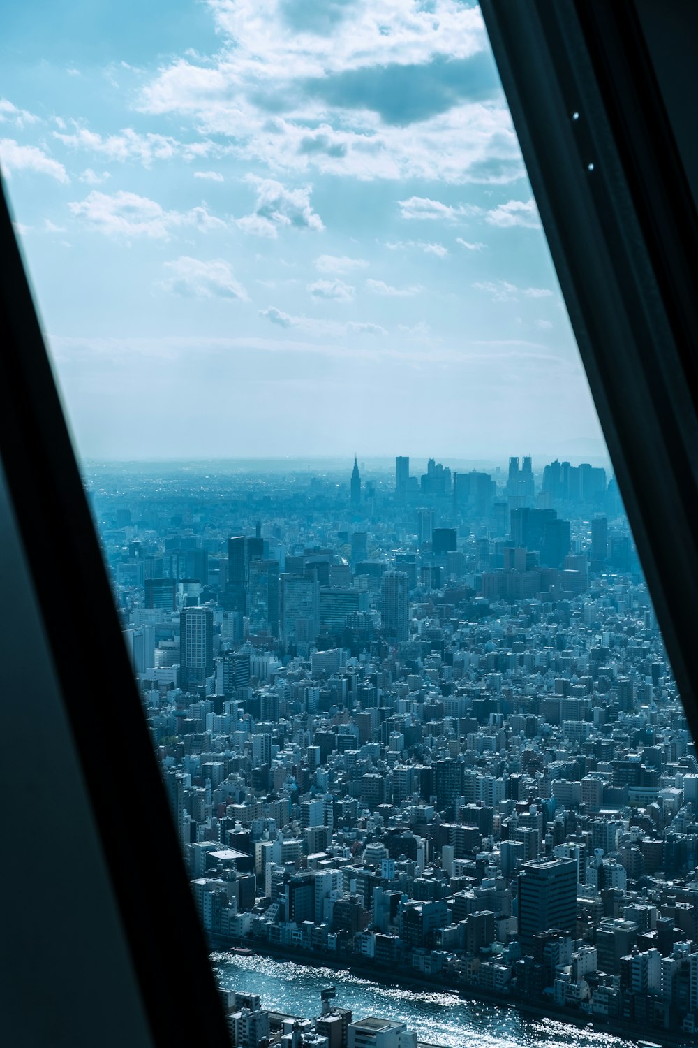 person riding airliner above urban city during daytime