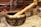 A Tibetan singing bowl made of metal with intricate golden inscriptions, paired with a wooden mallet resting on the rim. The background appears to be a shop display with various colorful fabrics and items, slightly blurred.