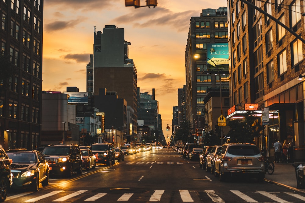 cars on busy road during golden hour