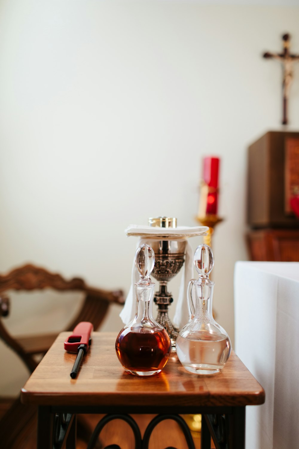 two clear glass decanters on table