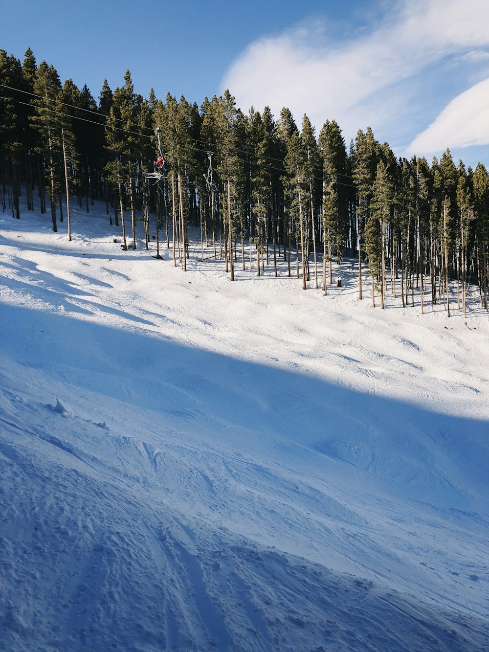 snow covered slope under blue skies