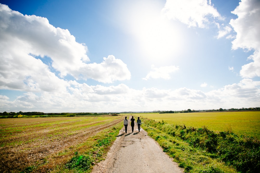 three person walking on pathway