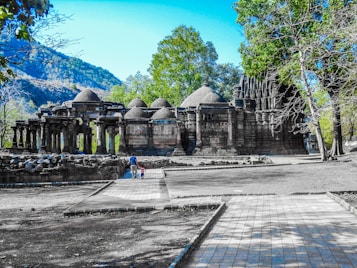 Ancient stone temple complex surrounded by lush green trees, set against a backdrop of hills. The intricate architectural design features multiple domes and detailed carvings. Two people are walking on the pathway leading up to the structure, contributing a sense of scale to the grandeur of the site.
