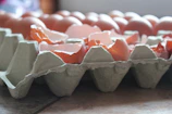 Close-up of freshly produced egg carton molds stacked in the production unit