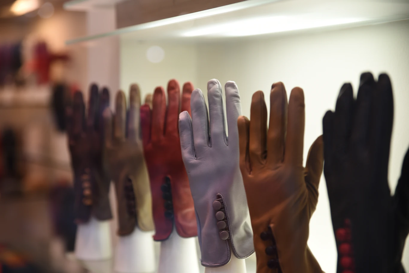 A graduated run of leather gloves, consistent hand and colour across every hide