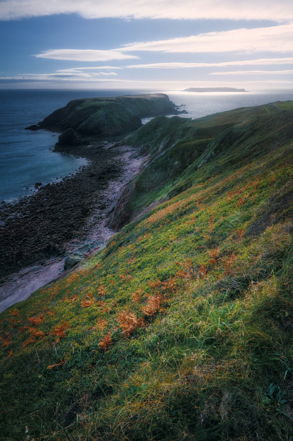 green grass covered mountain near beach during daytime