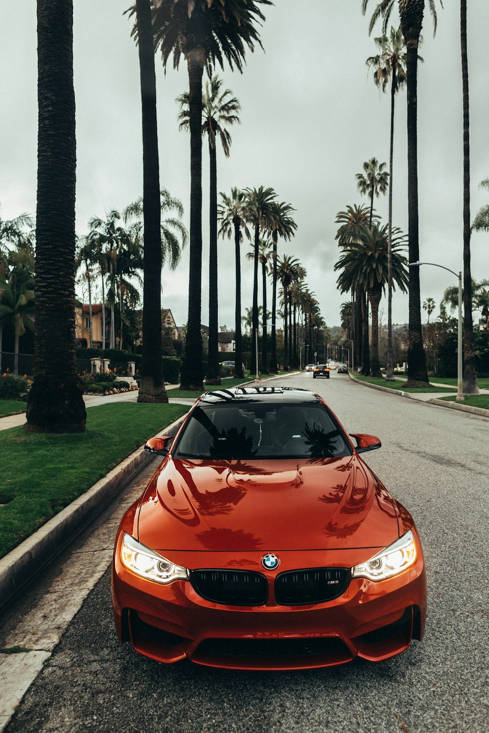 BMW cupê vermelho estacionado na estrada