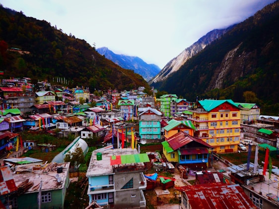 A vibrant village scene in rural Nepal with locals welcoming visitors amidst terraced fields and traditional homes.