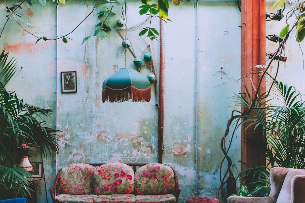pink floral sofa beside green plant