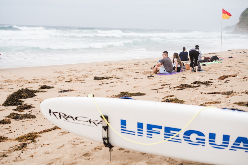 surfboard near people sitting near shore