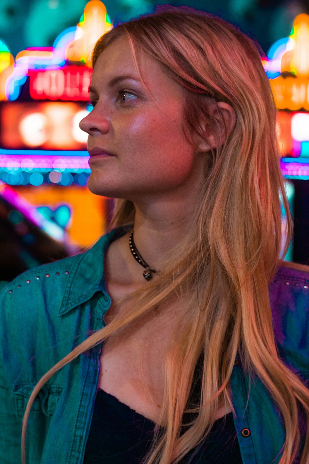 woman wearing blue chambray shirt