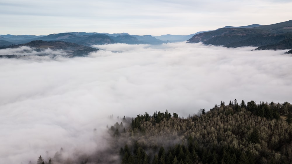 a view of a mountain covered in clouds