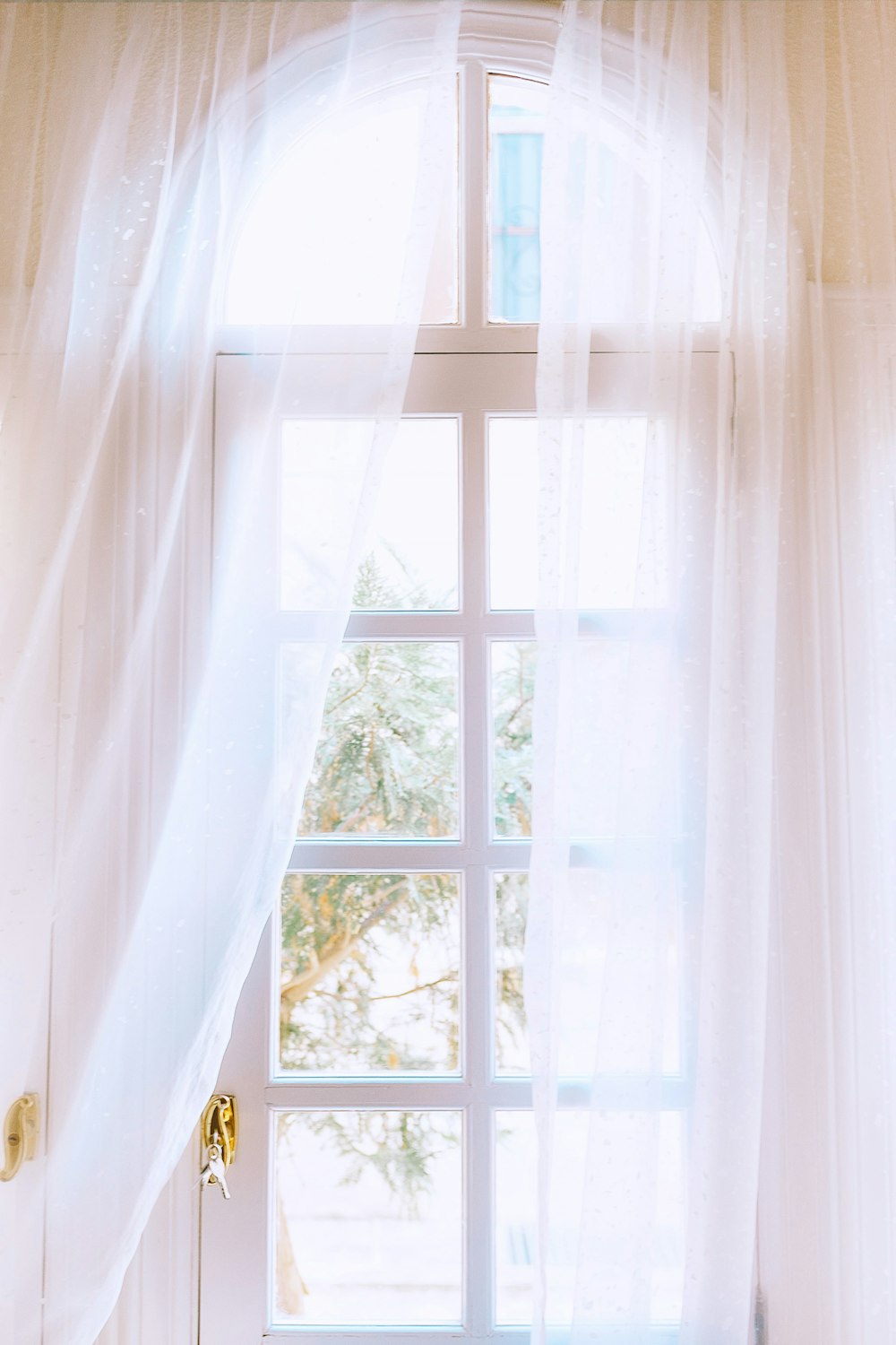 white curtain in white wooden framed window