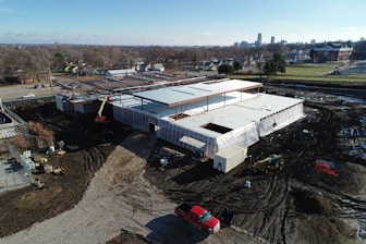 Aerial view of a construction site showing progress