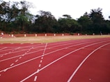 A running track with several lanes marked by white lines curves gently in the foreground. The track is red and appears well-maintained. In the background, there is a grassy area bordered by tall trees and a low brick wall. Two people are visible, one walking and another sitting, providing a sense of scale.