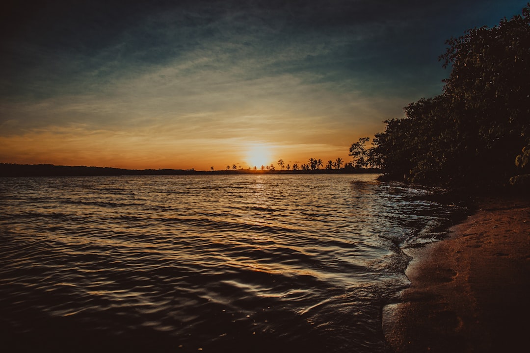 person sitting near body of water during sunset