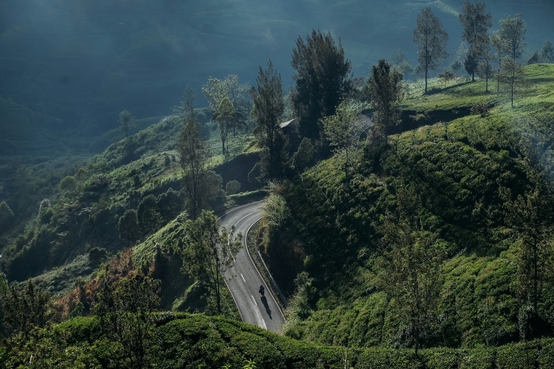aerial view of road surrounded with mountains
