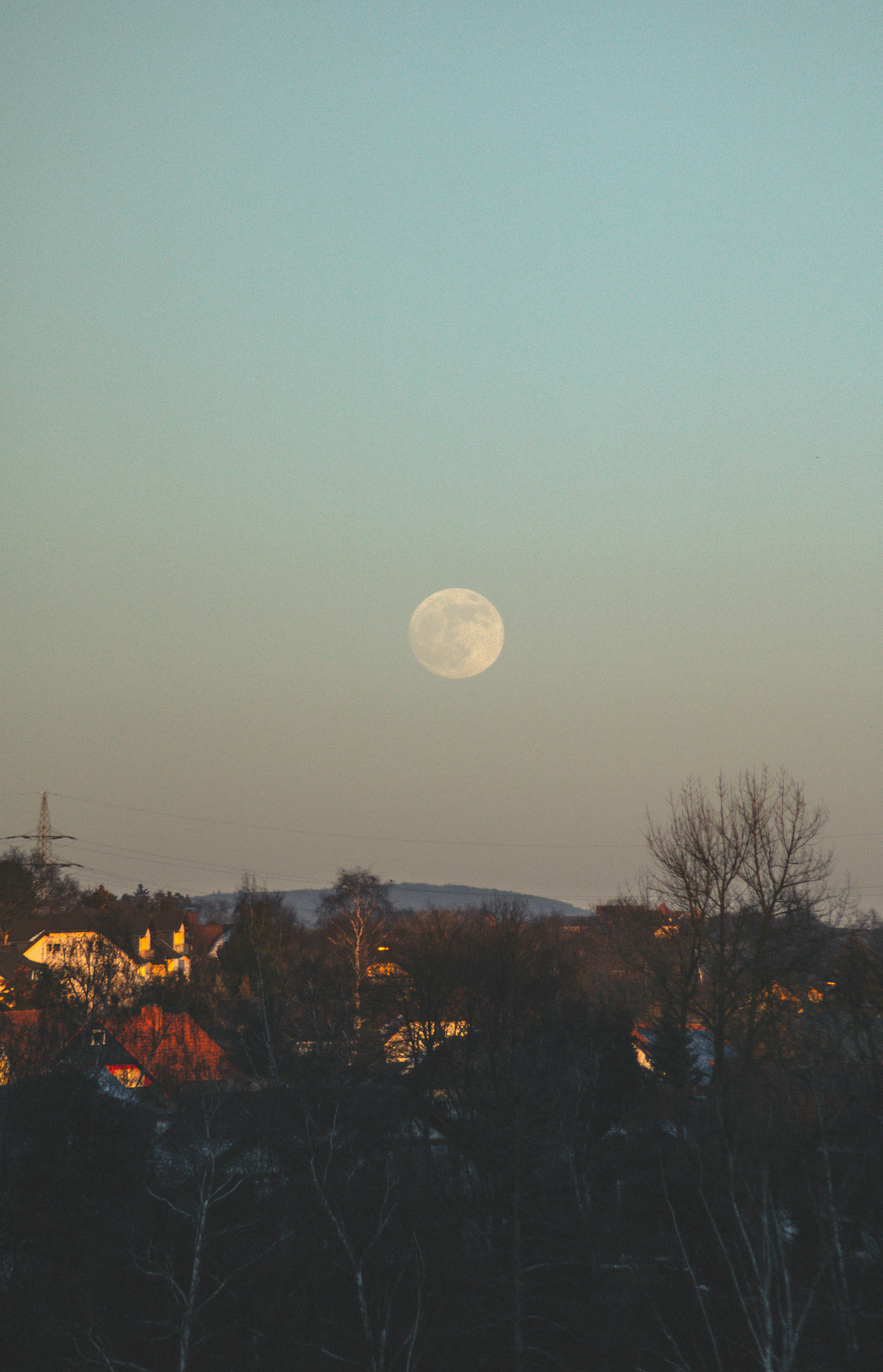 full moon over trees and houses