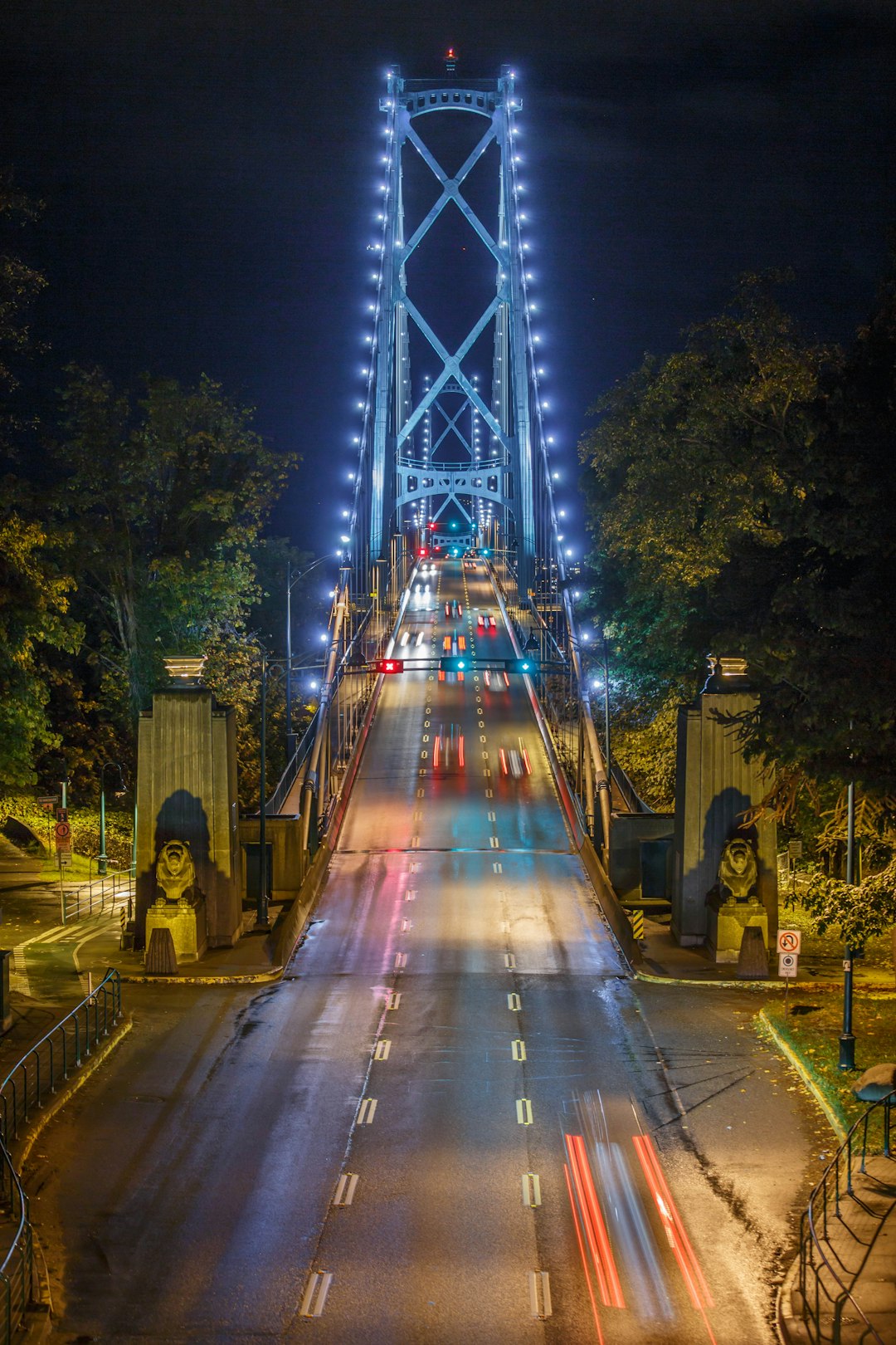 vehicles passing through bridge during night