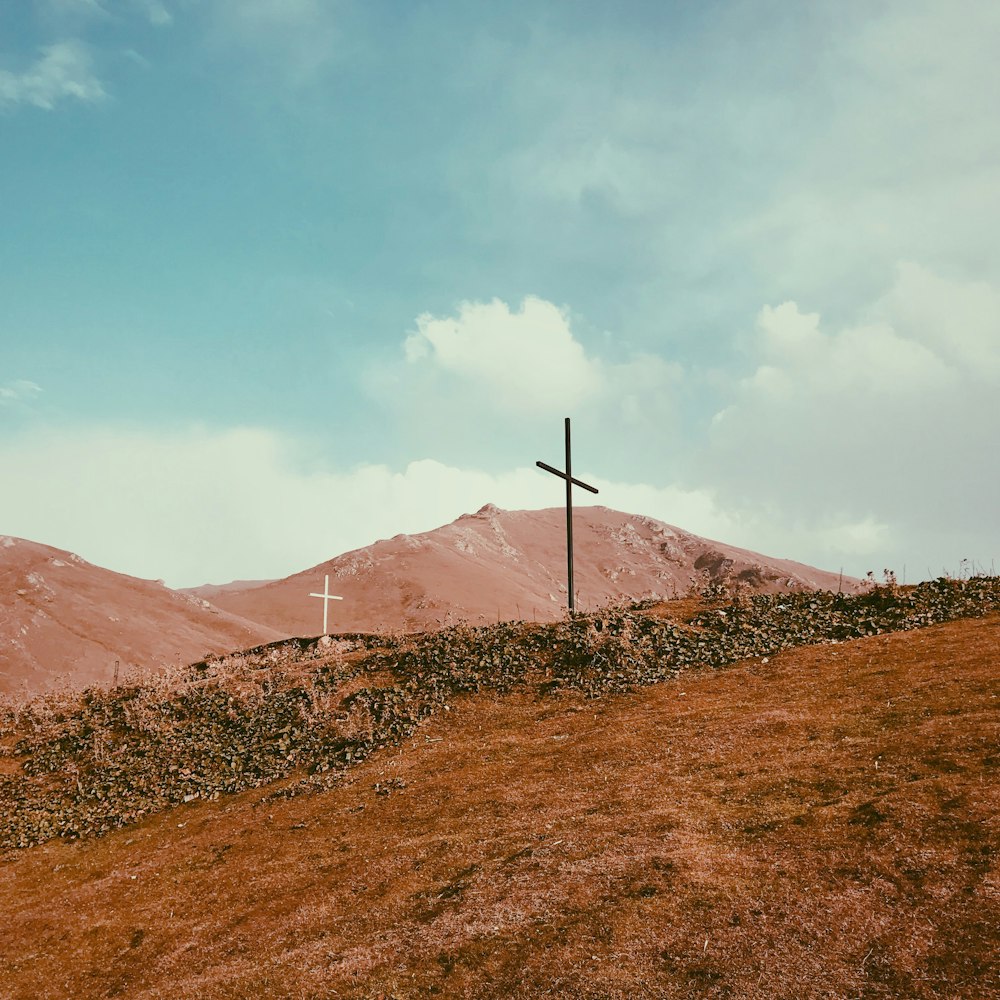 black and white cross in brown field near mountain