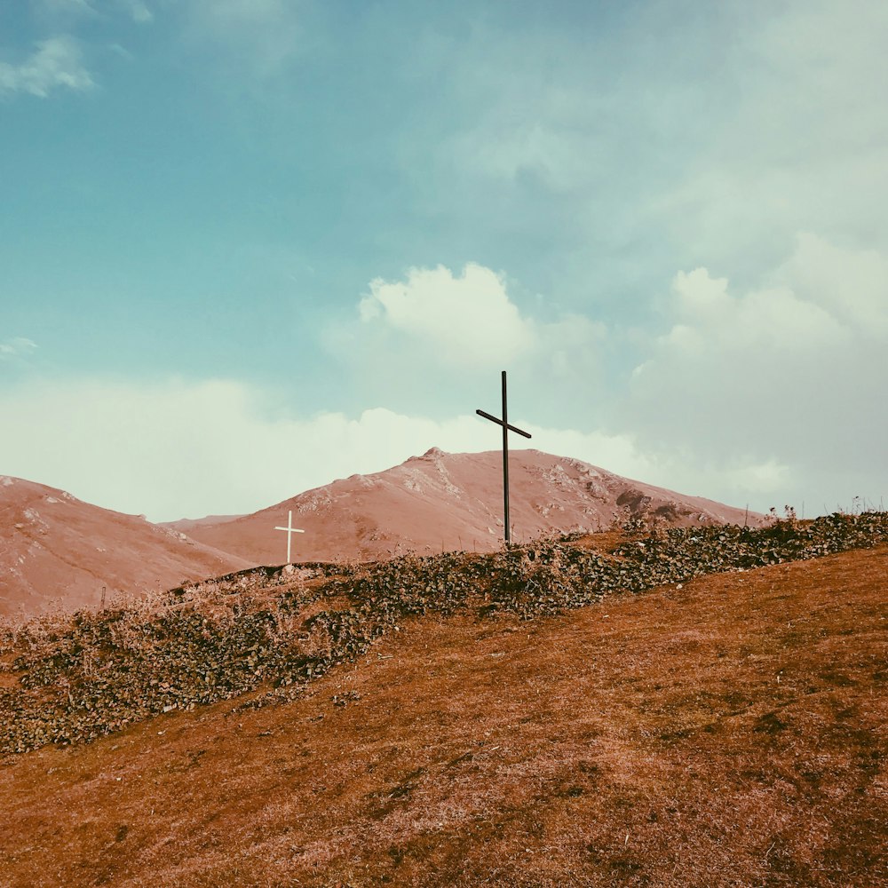 cruz blanca y negra en campo marrón cerca de la montaña