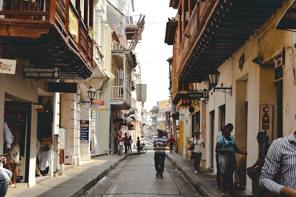 Historic charming street in a colonial town bustling with locals