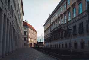 Elegant cobblestone street in a historic European town with classic architecture and warm sunlight.