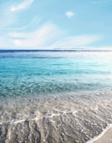A serene beach with clear blue water and a bright sunny sky.