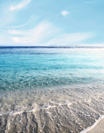 A serene beach with clear blue water and a bright sunny sky.