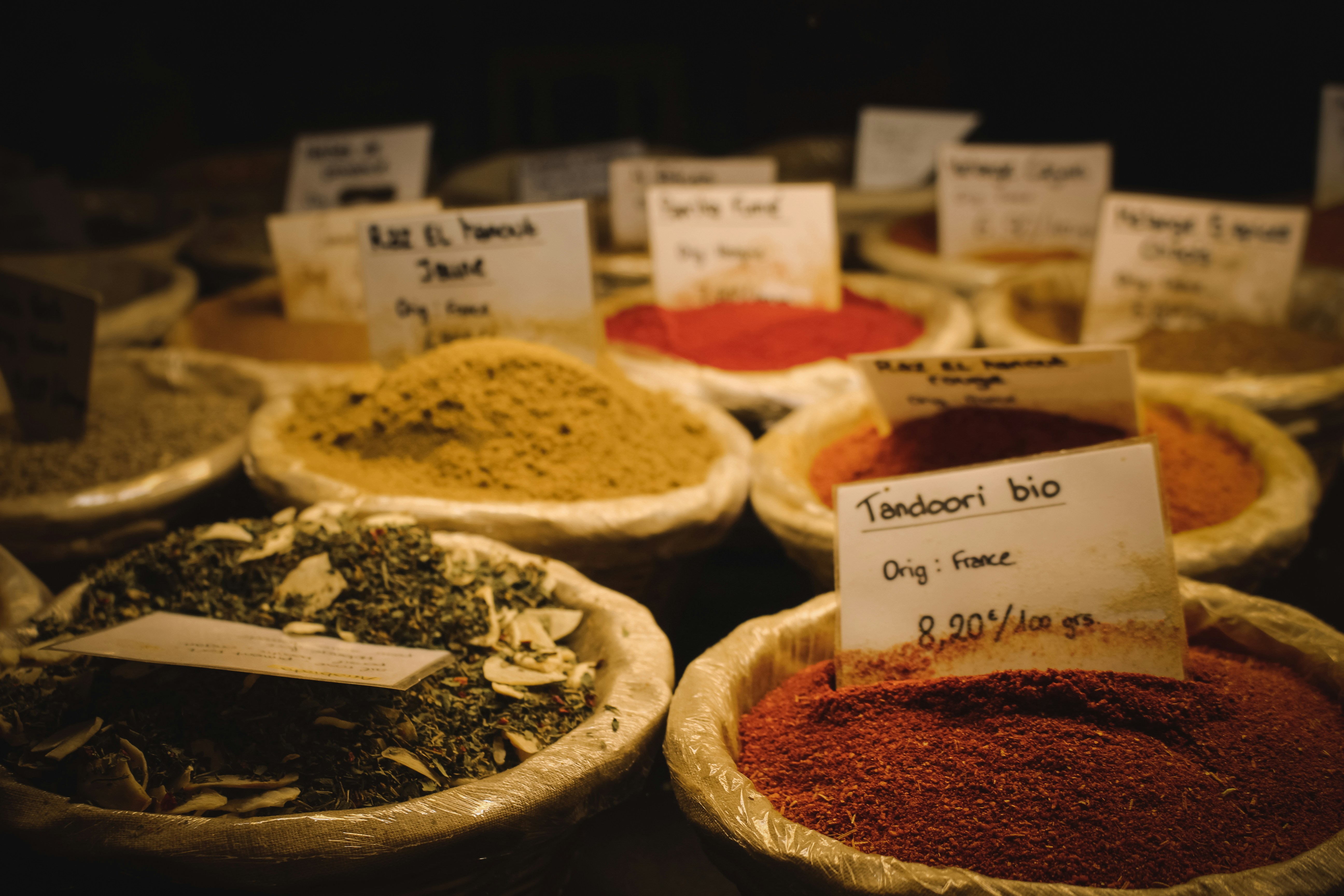 Colorful spices in bags at a processing facility in Rajasthan
