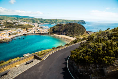 empty road beside green trees and blue body of water during daytime