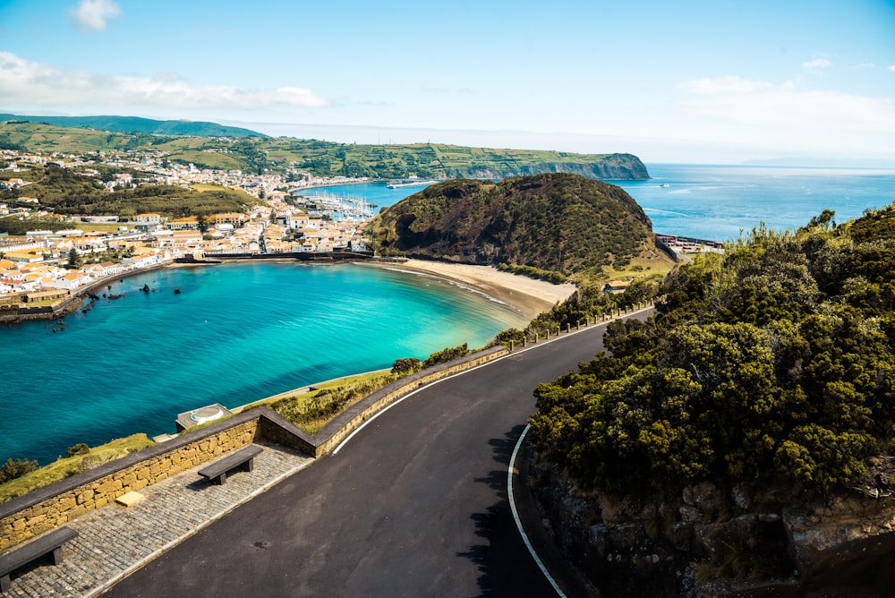 empty road beside green trees and blue body of water during daytime