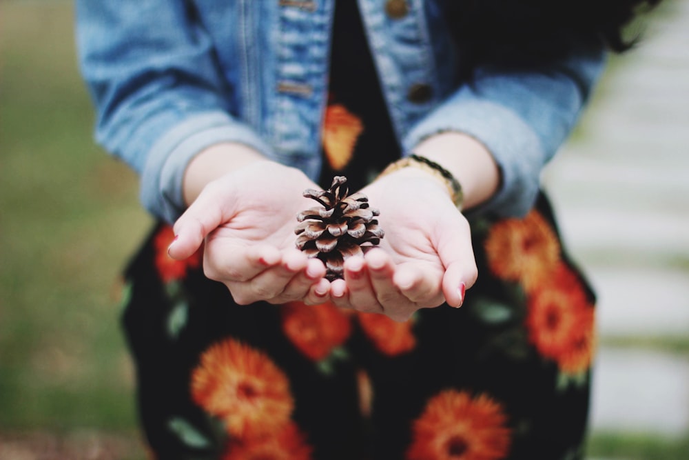 woman holding brown plant