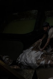 A person appears to be working in a dark, industrial environment. The individual is handling what seems to be a pile of fabric or hides, possibly in a tannery. The setting is dimly lit, with muted water and brickwork visible in the background.
