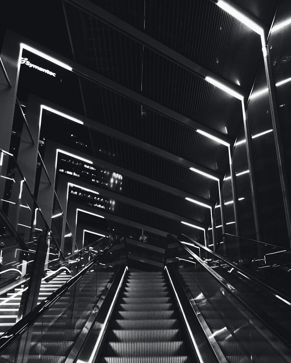 grayscale photography of elevator