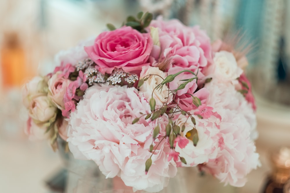 selective focus photography of pink and white rose flower bouquet