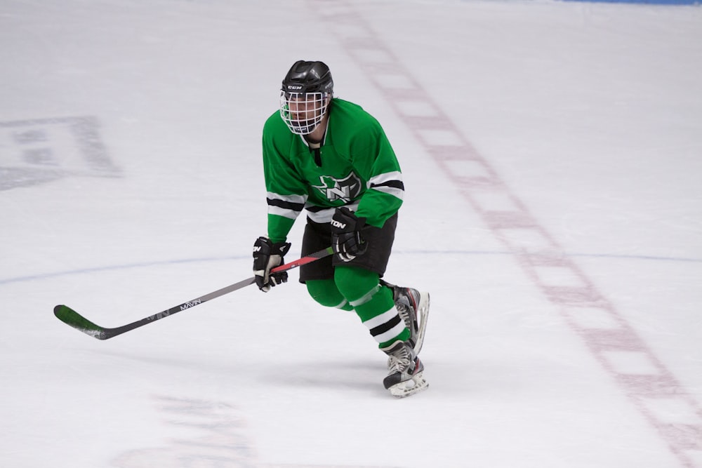 hockey player wearing full gear on ice skating field